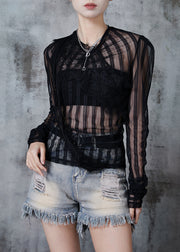 Women Black Asymmetrical Patchwork Tulle Eyelash Tops Spring