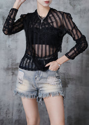 Women Black Asymmetrical Patchwork Tulle Eyelash Tops Spring