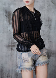 Women Black Asymmetrical Patchwork Tulle Eyelash Tops Fall