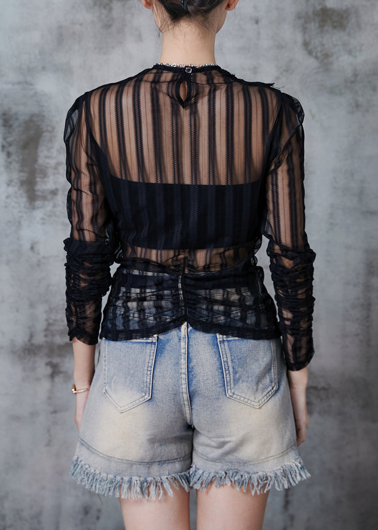 Women Black Asymmetrical Patchwork Tulle Eyelash Tops Fall