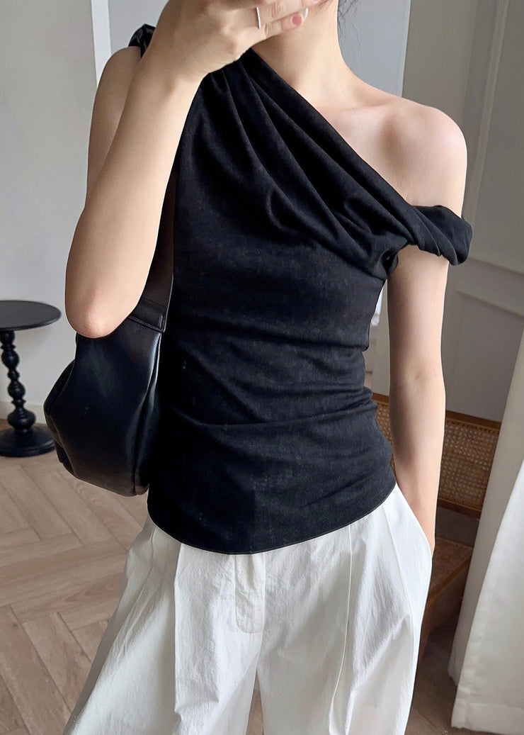 Women Black Asymmetrical Solid Cotton Tops Sleeveless