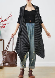 Women Black Asymmetrical Striped Cotton Long Vest Fall