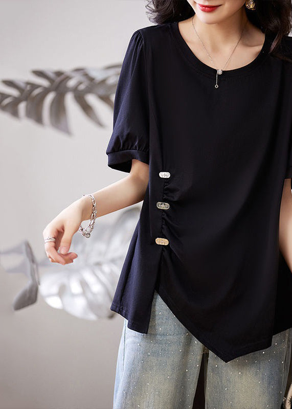 Women Black Asymmetrical Wrinkled Patchwork Cotton T Shirt Summer