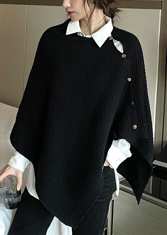 Women Black Button Hollow Out Knit Cape Coats Spring