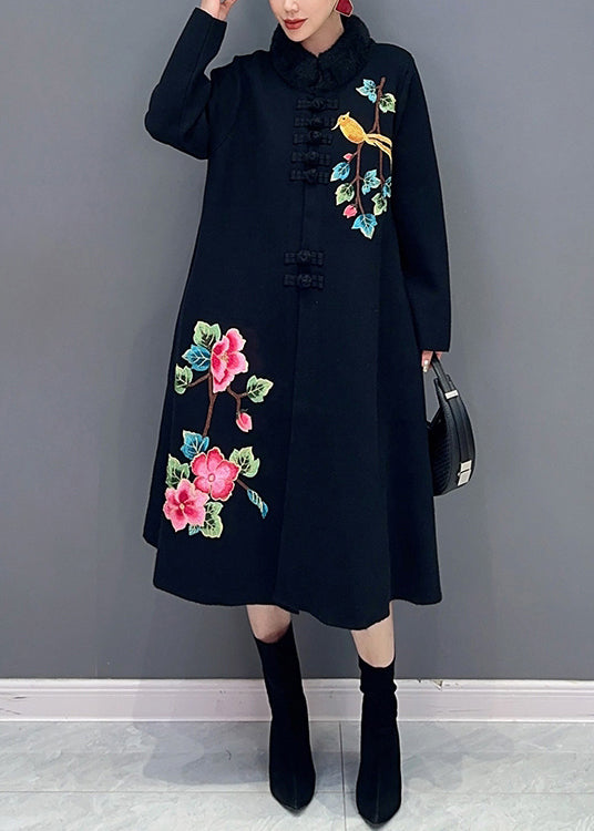 Women Black Button Print Patchwork Cotton Knit Coats Long Sleeve