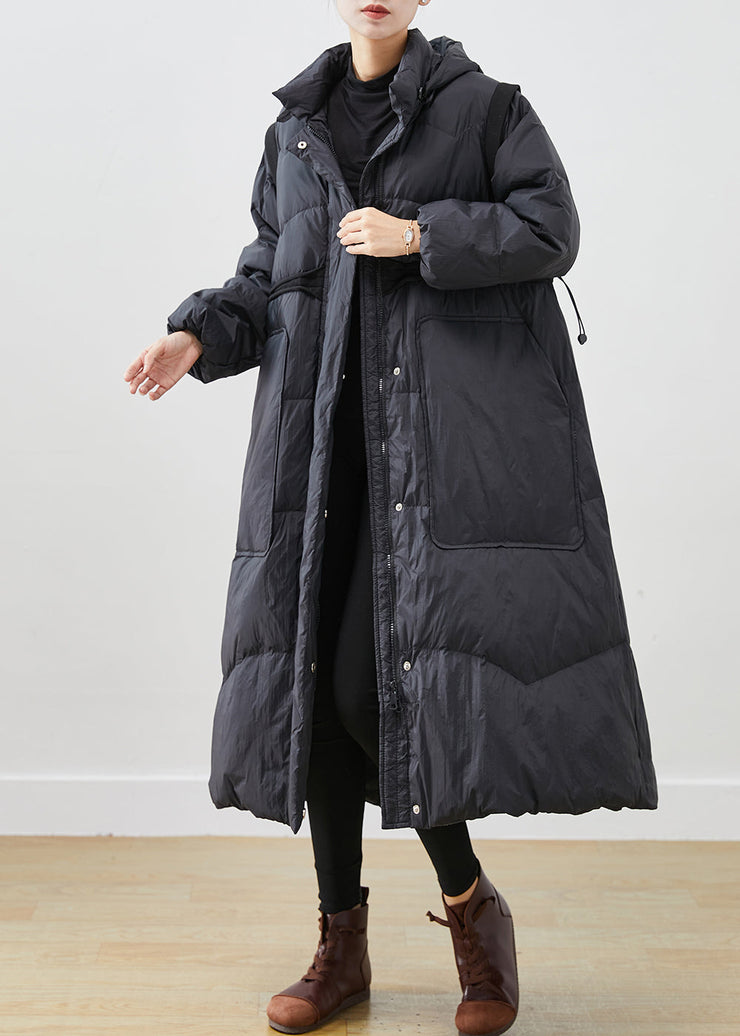 Women Black Cinched Big Pockets Duck Down Down Coat Winter