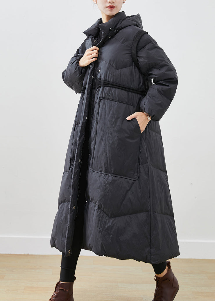 Women Black Cinched Big Pockets Duck Down Down Coat Winter