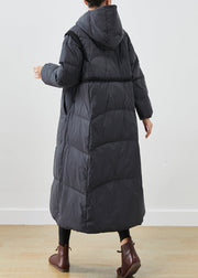 Women Black Cinched Big Pockets Duck Down Down Coat Winter