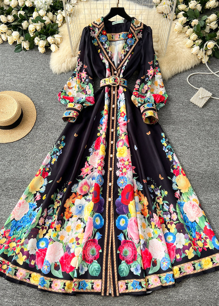 Women Black Cinched Floral Chiffon A Line Dress Spring