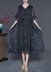 Women Black Cinched Print Chiffon Long Dresses Summer