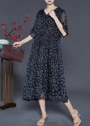 Women Black Cinched Print Chiffon Long Dresses Summer