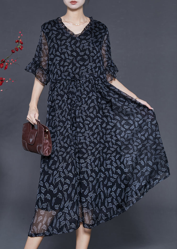 Women Black Cinched Print Chiffon Long Dresses Summer