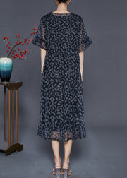 Women Black Cinched Print Chiffon Long Dresses Summer