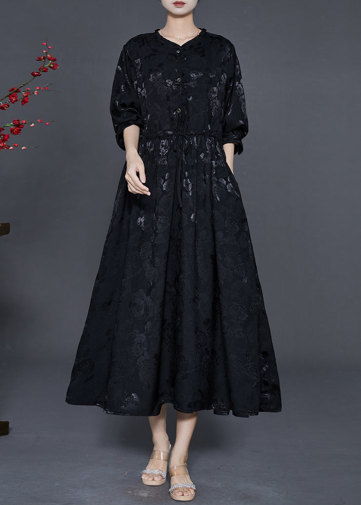 Women Black Cinched Print Exra Large Hem Silk Dress Fall