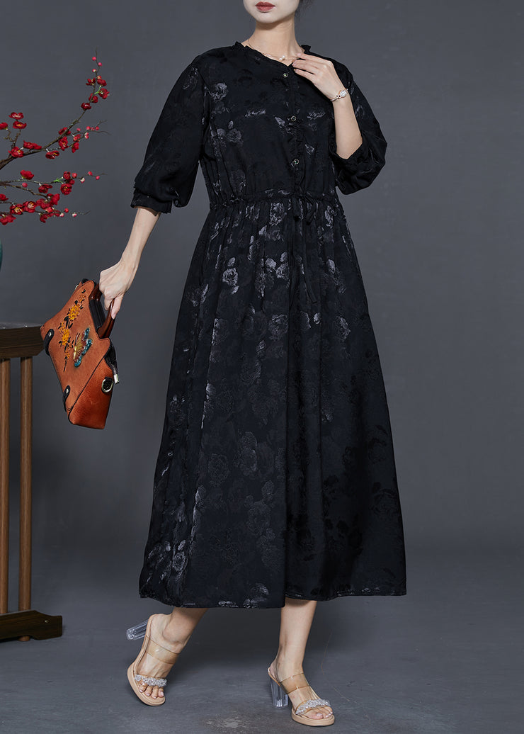 Women Black Cinched Print Exra Large Hem Silk Dress Fall