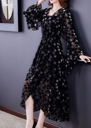 Women Black Cinched Side Open Dot Silk Velour Maxi Dress Flare Sleeve