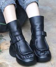 Women Black Cowhide Leather Boots Splicing Platform Boots