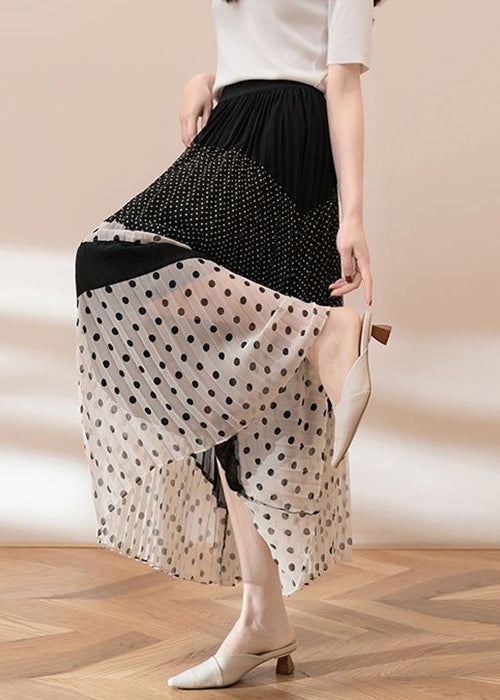 Women Black Dot Elastic Waist Chiffon Skirts Summer
