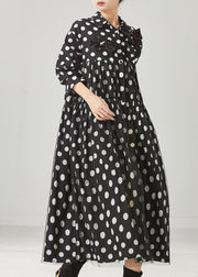 Women Black Dot Print Bow Tullle Long Dresses Spring