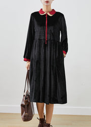 Women Black Double-layer Tasseled Silk Velour Robe Dresses Fall