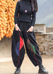 Women Black Elastic Waist Pockets Patchwork Warm Fleece Pants Winter