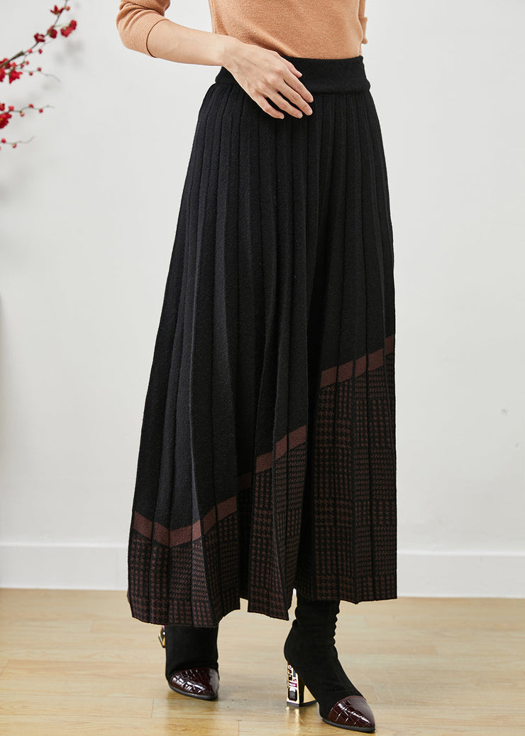 Women Black Elastic Waist Print Woolen Pleated Skirt Fall