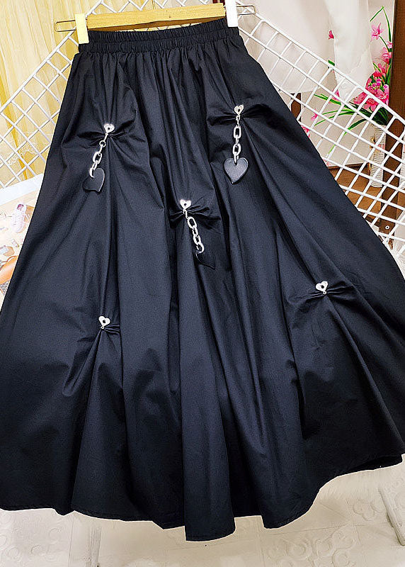 Women Black Elastic Waist Wrinkled Heart Decorated Cotton Skirts Summer