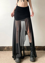 Women Black Elastic Waist Wrinkled Tulle Patchwork Maxi Skirt Summer