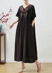 Women Black Embroidered Patchwork Cotton Long Dress Summer