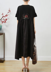 Women Black Embroidered Patchwork Cotton Long Dress Summer