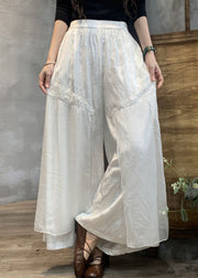 Women Black Embroidered Pockets Patchwork Linen Silk Pants Summer