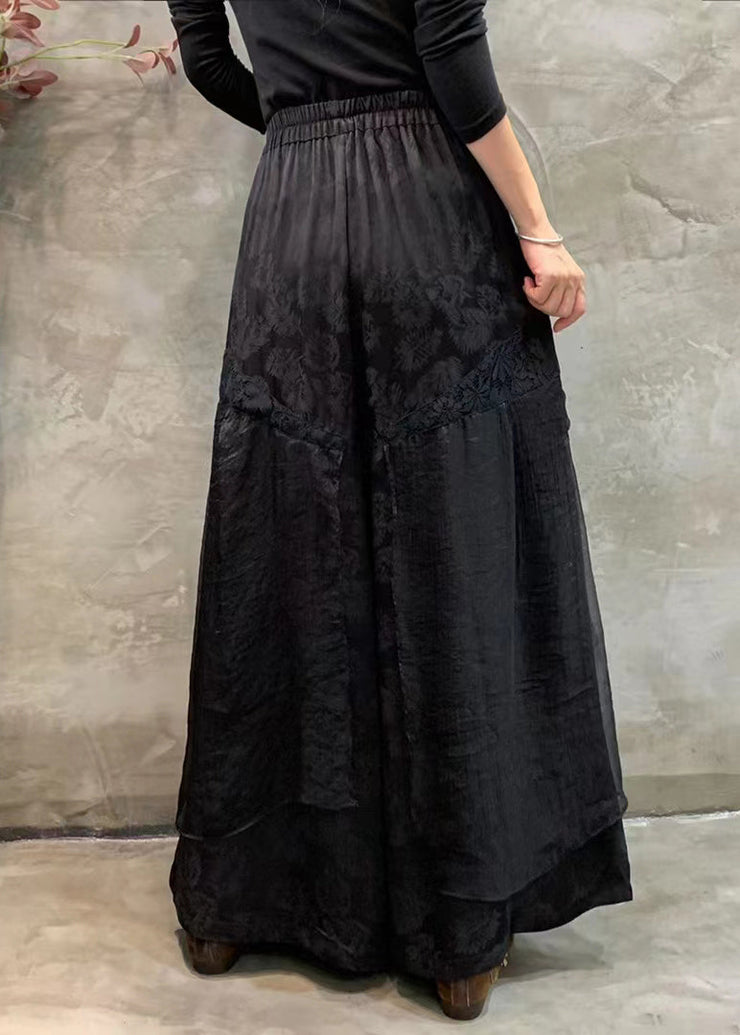 Women Black Embroidered Pockets Patchwork Linen Silk Pants Summer