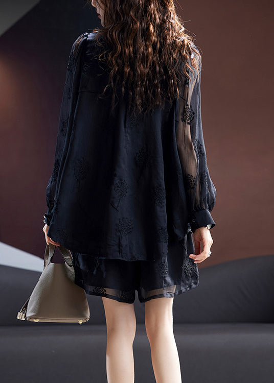 Women Black Embroidered Tops And Shorts Chiffon Two Pieces Set Summer