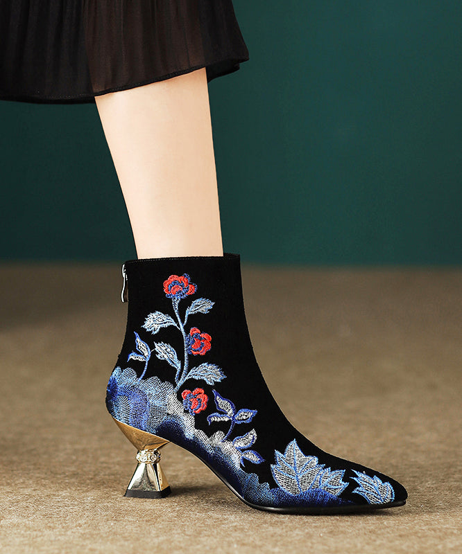 Women Black Embroidered Zippered Suede High Heels