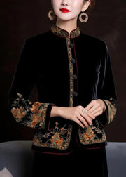 Women Black Embroidered Button Silk Coats Long Sleeve