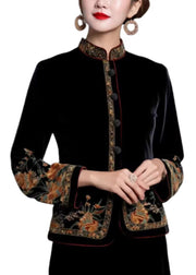 Women Black Embroidered Button Silk Coats Long Sleeve