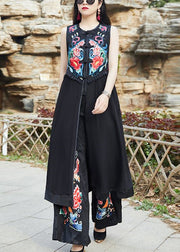 Women Black Embroidered Chinese Button Patchwork Silk Long Waistcoat Sleeveless