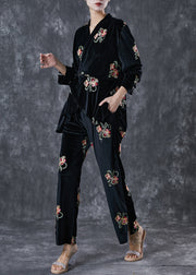 Women Black Embroideried Chinese Button Silk Velour 2 Piece Outfit Spring