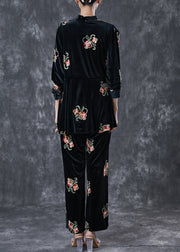 Women Black Embroideried Chinese Button Silk Velour 2 Piece Outfit Spring