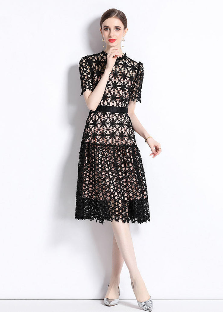 Women Black Embroidered Hollow Out Patchwork Lace Dress Summer