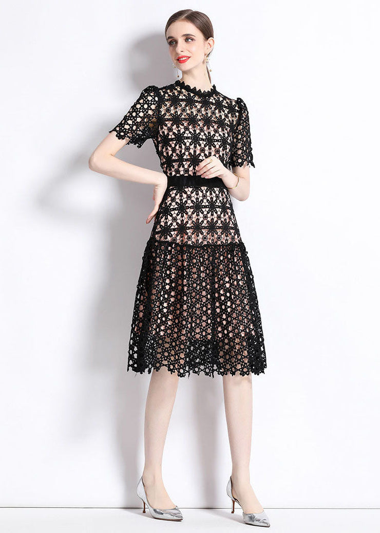 Women Black Embroidered Hollow Out Patchwork Lace Dress Summer