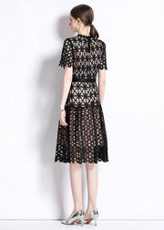 Women Black Embroidered Hollow Out Patchwork Lace Dress Summer