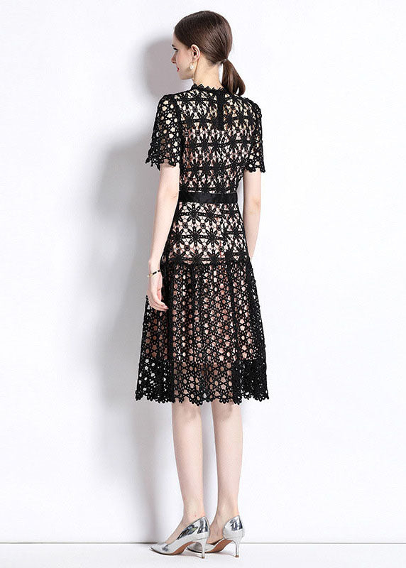 Women Black Embroidered Hollow Out Patchwork Lace Dress Summer