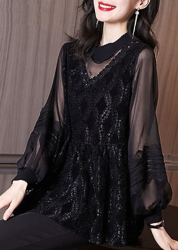 Women Black Embroidered Hollow Out Patchwork Lace Top Lantern Sleeve