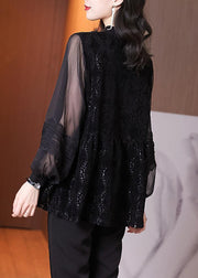 Women Black Embroideried Hollow Out Patchwork Lace Top Lantern Sleeve