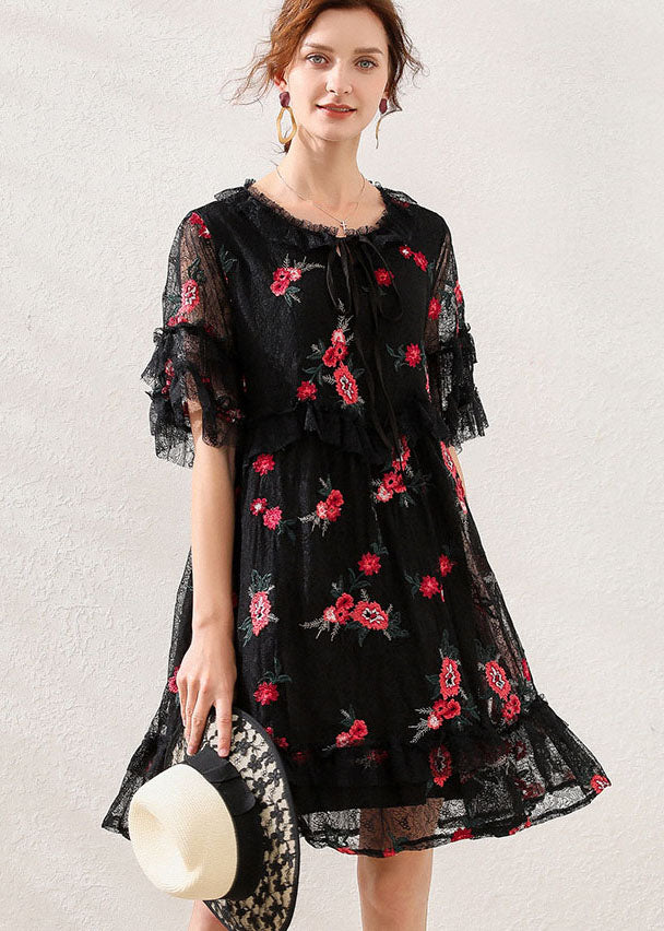 Women Black Embroideried Patchwork Lace Mid Dress Short Sleeve