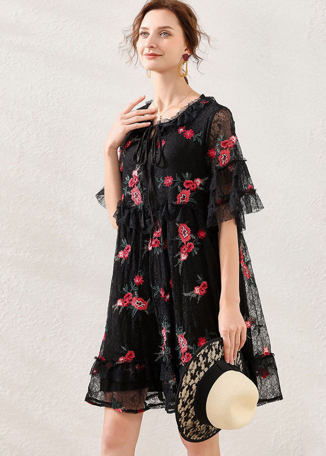 Women Black Embroideried Patchwork Lace Mid Dress Short Sleeve