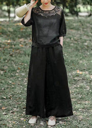 Women Black Embroideried Patchwork Linen 2 Piece Outfit Summer