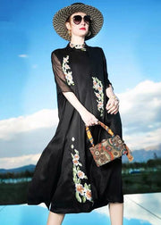 Women Black Embroidered Patchwork Silk Cardigans Summer