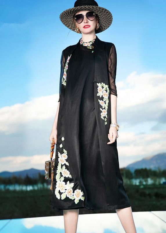 Women Black Embroideried Patchwork Silk Cardigans Summer